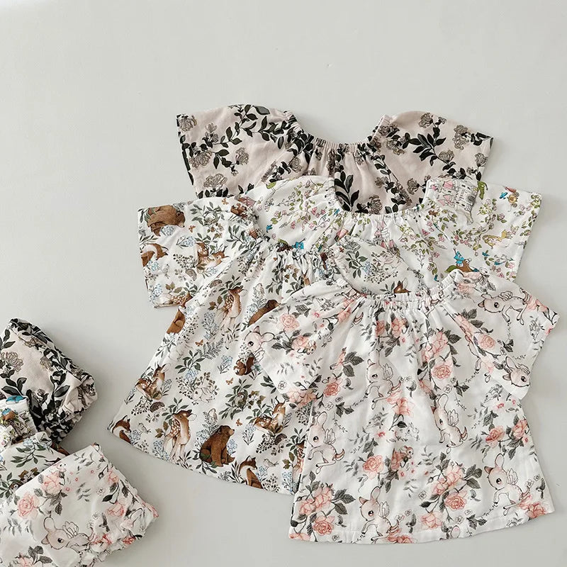 Summer Bamboo Cotton Breathable Kids Girls 2pcs Suit Full Print Cartoon Print T-shirt and Shorts Cool Girls Sets Clothing