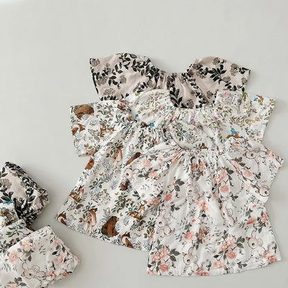 Summer Bamboo Cotton Breathable Kids Girls 2pcs Suit Full Print Cartoon Print T-shirt and Shorts Cool Girls Sets Clothing