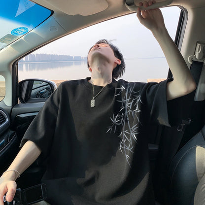 Men's Oversized Bamboo T-shirt Loose Printed Tops Cotton Tshirts Breathable Casual Short Sleeve Tees Streetwear Men Clothing