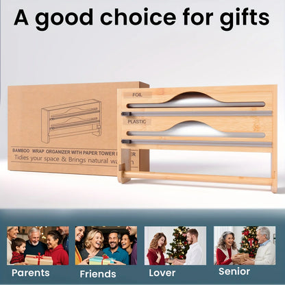 Bamboo 4-in-1 Wall Mount Foil & Plastic Wrap Organizer with Cutter - Kitchen Storage Solution for Wax Paper.