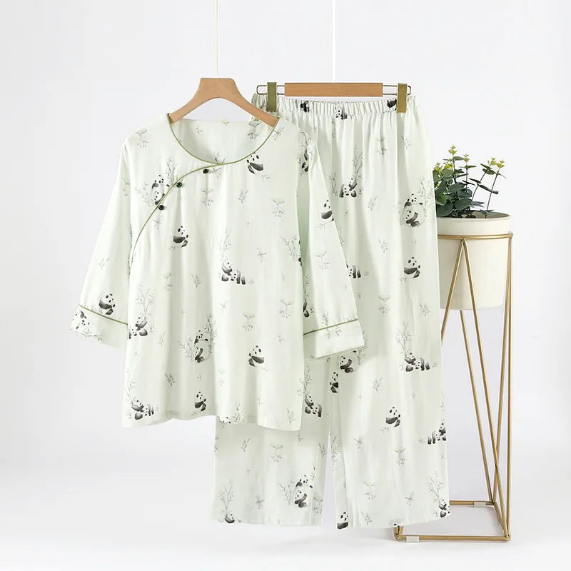 2025 Bamboo Cotton Gauze Pajamas Women's Chinese Retro Style Round Neck Loungewear Thin Nine-quarter Sleeve Loose Home Clothes