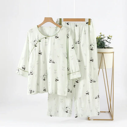 2025 Bamboo Cotton Gauze Pajamas Women's Chinese Retro Style Round Neck Loungewear Thin Nine-quarter Sleeve Loose Home Clothes