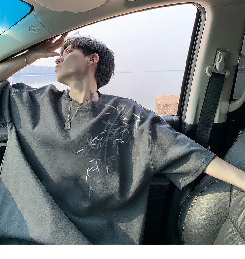 Men's Oversized Bamboo T-shirt Loose Printed Tops Cotton Tshirts Breathable Casual Short Sleeve Tees Streetwear Men Clothing