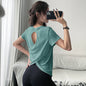 Bamboo Yarn Breathable Short-sleeved Sports Top Hollow Cross-beautiful Back Yoga Clothes Blouse Loose Round Neck Fitness Clothes