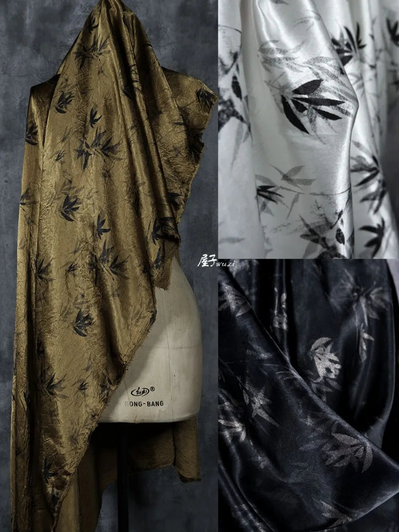 Bamboo Leaf Acetate Silk Printed Fabric New Chinese Fashion High Quality Vertical Womens Dresses Hanfu Pants DIY Design Cloth