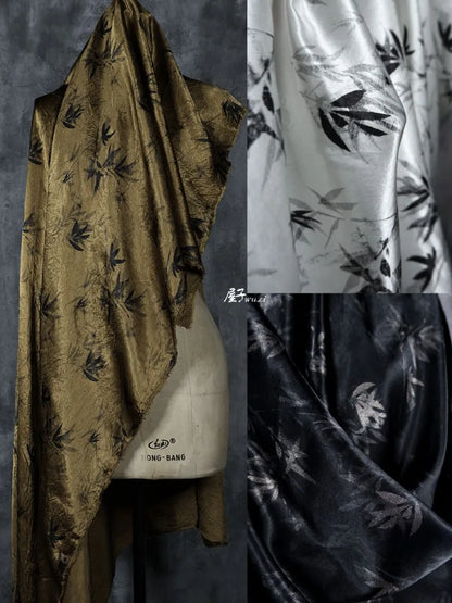 Bamboo Leaf Acetate Silk Printed Fabric New Chinese Fashion High Quality Vertical Womens Dresses Hanfu Pants DIY Design Cloth