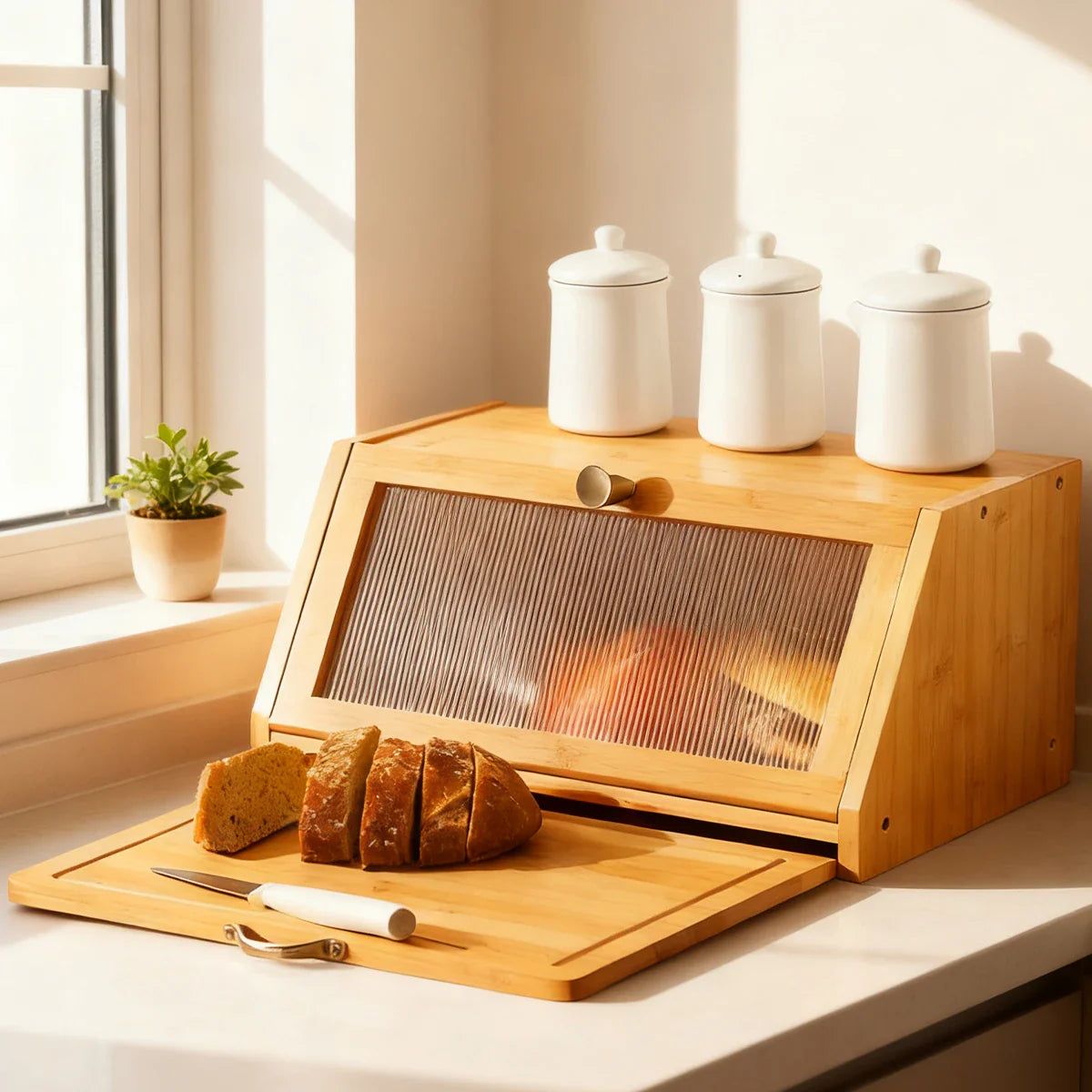 Bamboo Bread Box Cutting Board Combo, Large Capacity Kitchen Corner Organizer for Pantry Storage