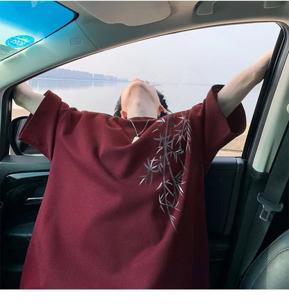 Men's Oversized Bamboo T-shirt Loose Printed Tops Cotton Tshirts Breathable Casual Short Sleeve Tees Streetwear Men Clothing