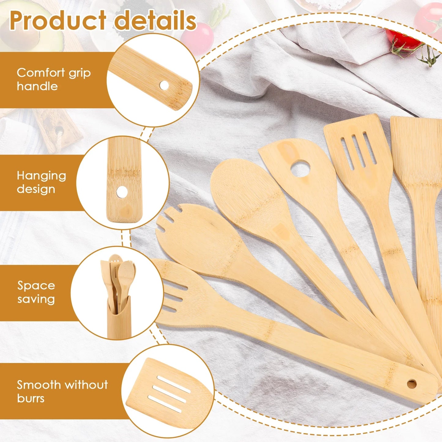 Bamboo Cooking Utensil Set Include Triple Toothed/Round/Slotted Spoon and Slotted/Square/Slanted Spatula with Organizer Bucket