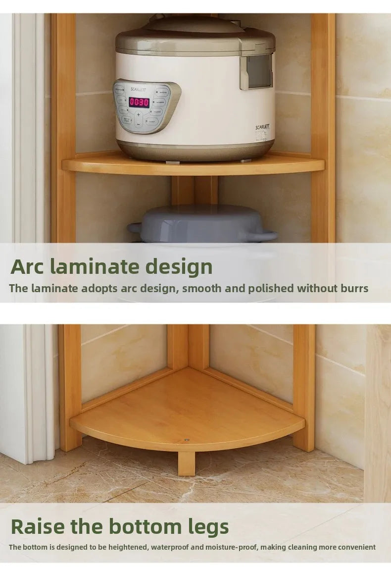 Kitchen Corner Bamboo Rack, Multi-Tier Storage Organizer, Freestanding Bookshelf for Cooking Utensils or Pantry Supplies