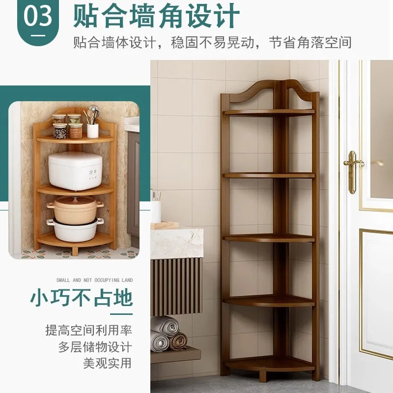 Kitchen Corner Bamboo Rack, Multi-Tier Storage Organizer, Freestanding Bookshelf for Cooking Utensils or Pantry Supplies