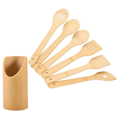 Bamboo Cooking Utensil Set Include Triple Toothed/Round/Slotted Spoon and Slotted/Square/Slanted Spatula with Organizer Bucket