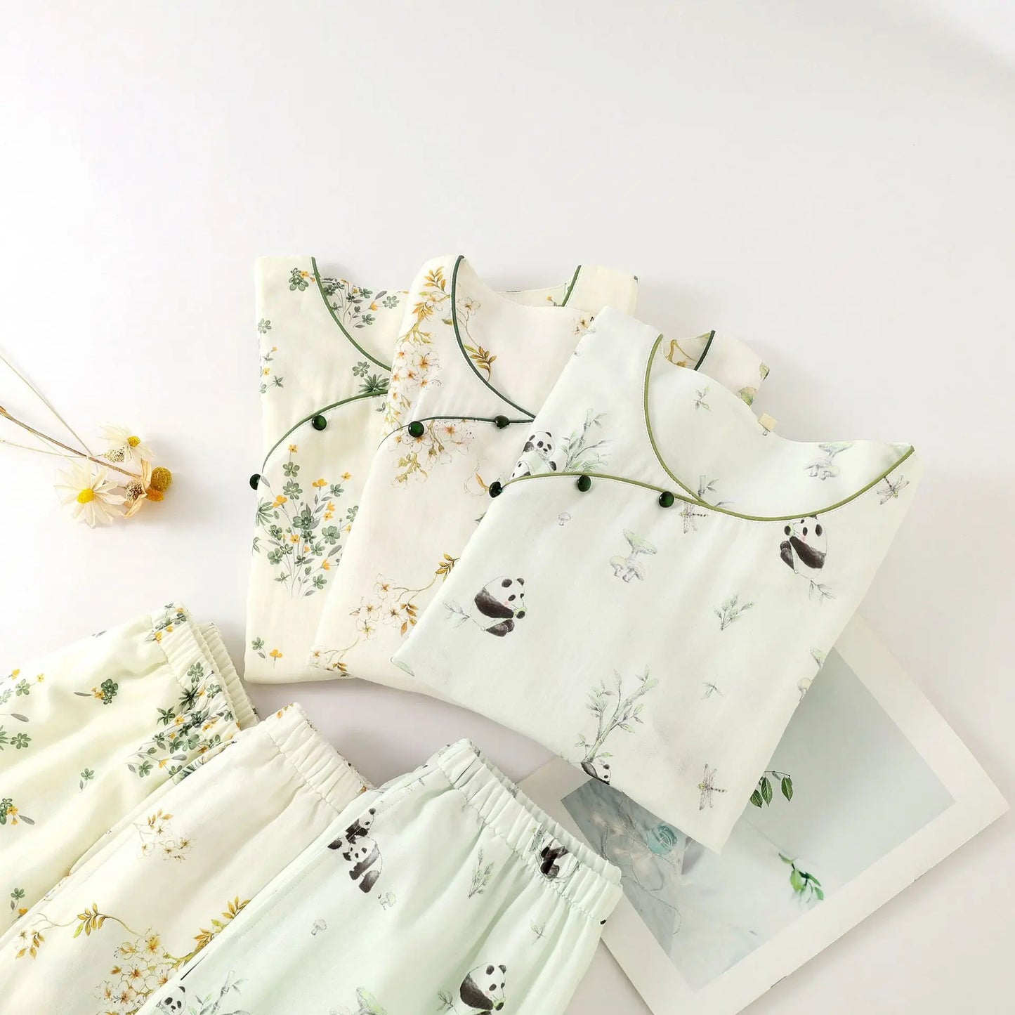 2025 Bamboo Cotton Gauze Pajamas Women's Chinese Retro Style Round Neck Loungewear Thin Nine-quarter Sleeve Loose Home Clothes