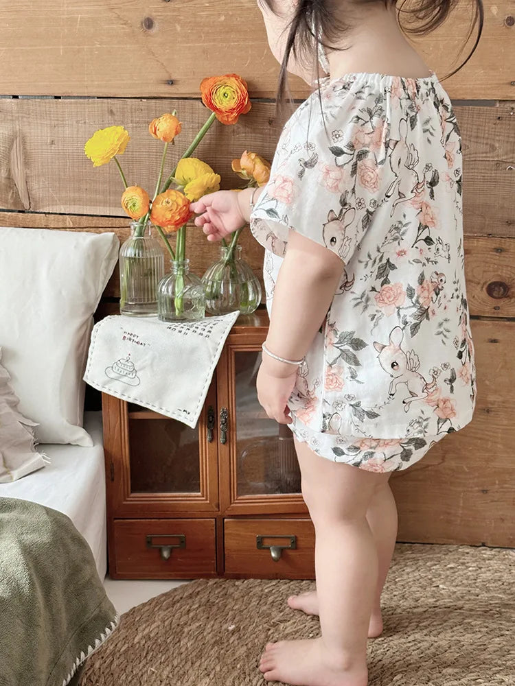 Summer Bamboo Cotton Breathable Kids Girls 2pcs Suit Full Print Cartoon Print T-shirt and Shorts Cool Girls Sets Clothing