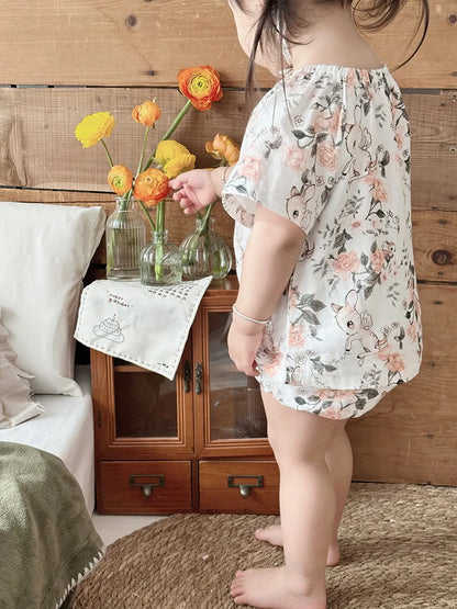 Summer Bamboo Cotton Breathable Kids Girls 2pcs Suit Full Print Cartoon Print T-shirt and Shorts Cool Girls Sets Clothing