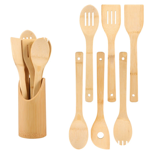Bamboo Cooking Utensil Set Include Triple Toothed/Round/Slotted Spoon and Slotted/Square/Slanted Spatula with Organizer Bucket