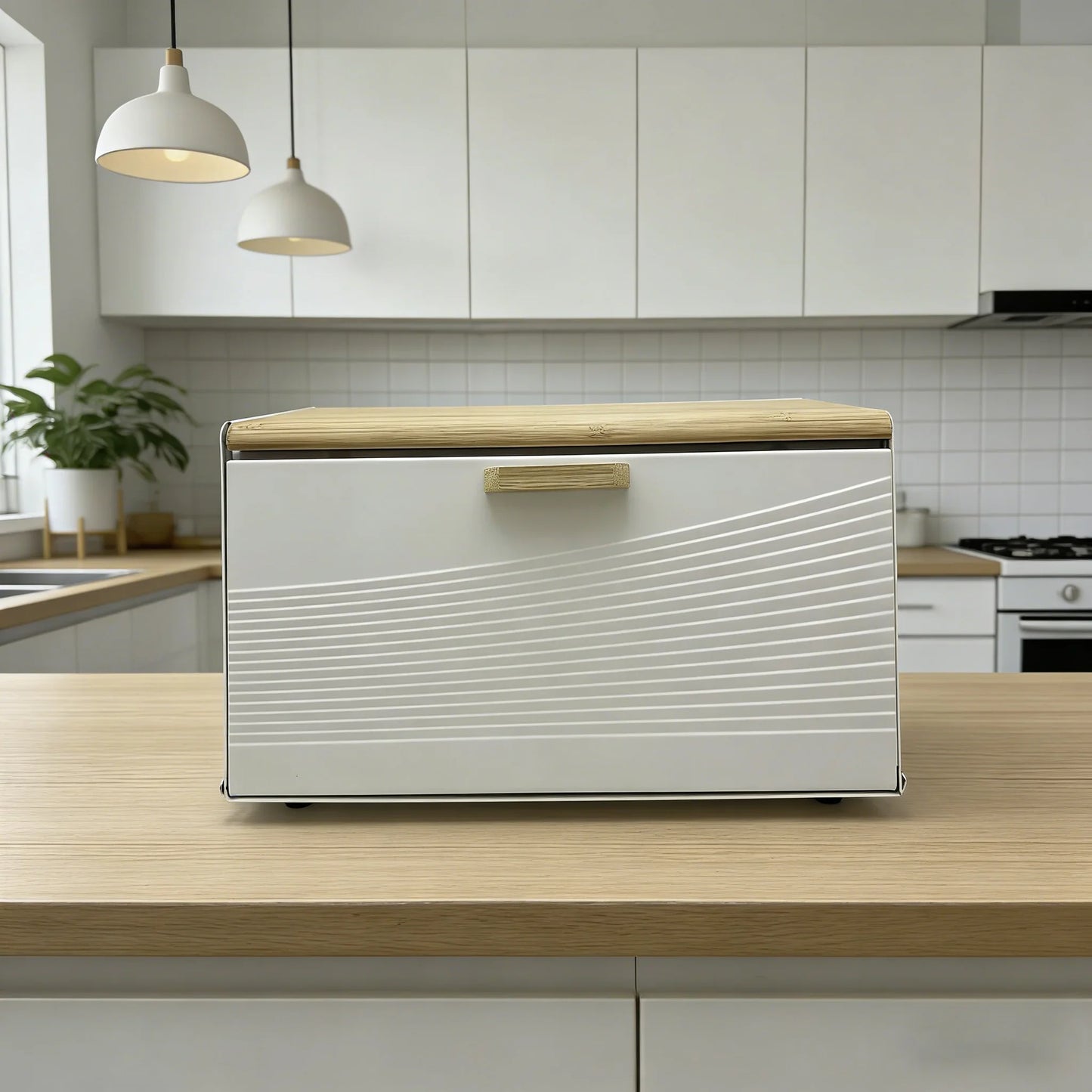 Bamboo lid, metal body, double door trapezoidal kitchen bread box, kitchen storage box (black, white)