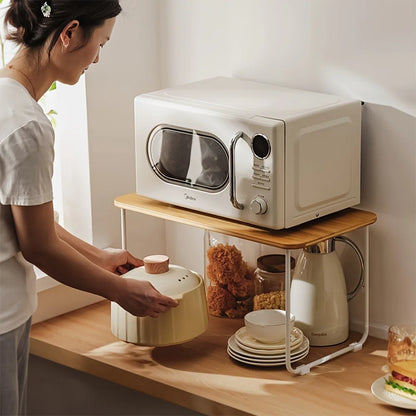 Bamboo Microwave Storage Rack Adjustable Kitchen Table Oven Cooker Organizer Shelf 1 Layer Household Desk Spice Condiment Holder