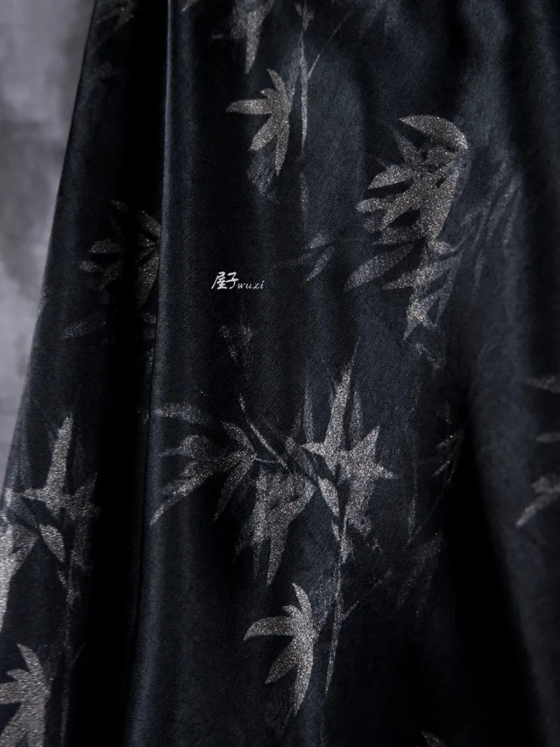 Bamboo Leaf Acetate Silk Printed Fabric New Chinese Fashion High Quality Vertical Womens Dresses Hanfu Pants DIY Design Cloth
