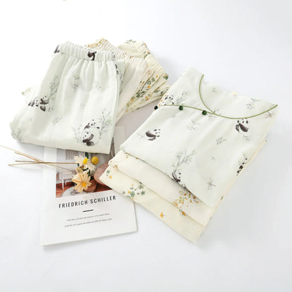 2025 Bamboo Cotton Gauze Pajamas Women's Chinese Retro Style Round Neck Loungewear Thin Nine-quarter Sleeve Loose Home Clothes