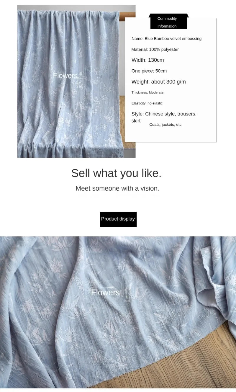 Blue bamboo forest, velvet embossed polyester jacquard cloth, pleated relief Chinese style cheongsam clothing designer fabric