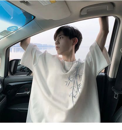 Men's Oversized Bamboo T-shirt Loose Printed Tops Cotton Tshirts Breathable Casual Short Sleeve Tees Streetwear Men Clothing
