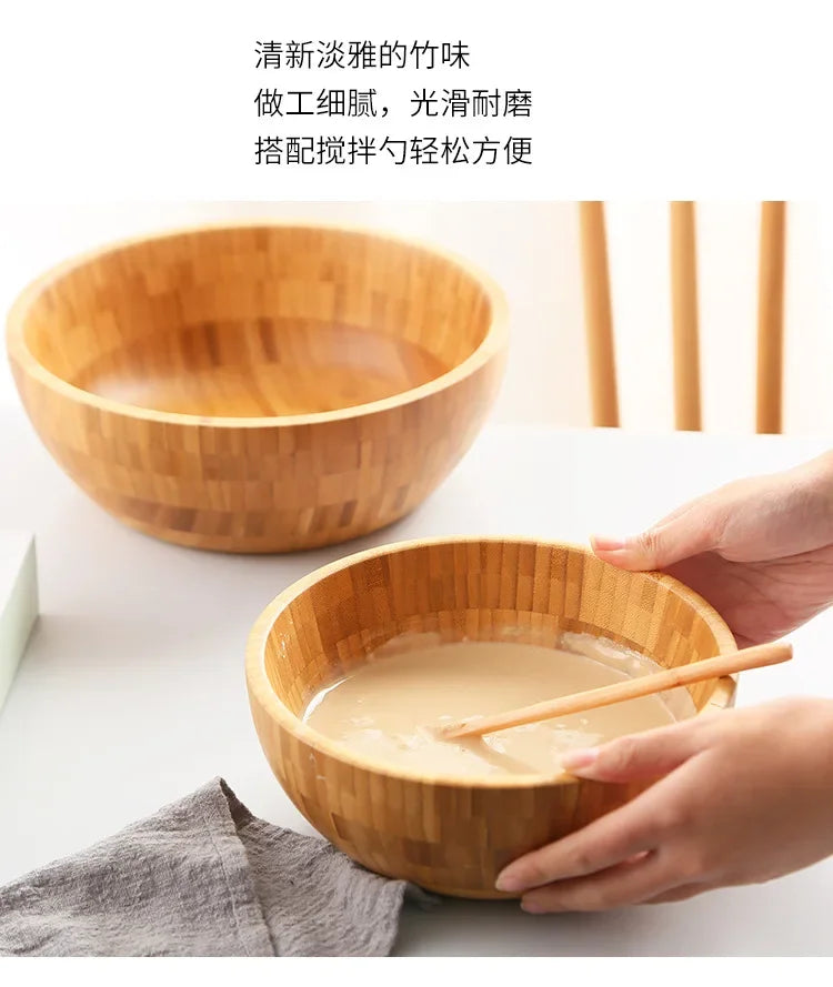 Bamboo Salad Bowl and Noodle Mixing Bowl Large Bamboo Wooden Tableware Thickened Natural Material No Paint No Wax