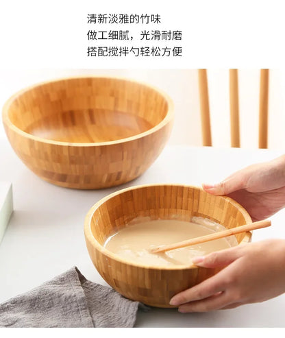 Bamboo Salad Bowl and Noodle Mixing Bowl Large Bamboo Wooden Tableware Thickened Natural Material No Paint No Wax