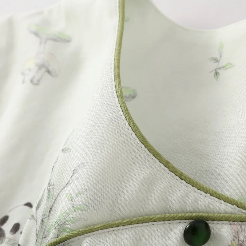 2025 Bamboo Cotton Gauze Pajamas Women's Chinese Retro Style Round Neck Loungewear Thin Nine-quarter Sleeve Loose Home Clothes