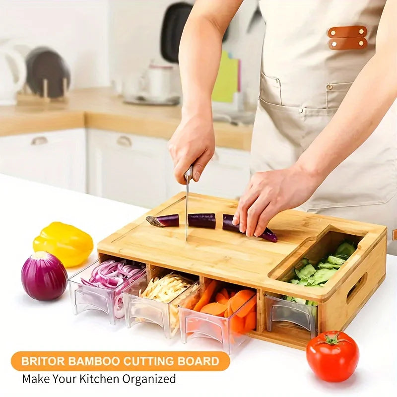 Kitchen Chopping Bamboo Cutting Board Set with Container & Vegetable Grater Drawer Style Multifunctional Household Kitchen Tools