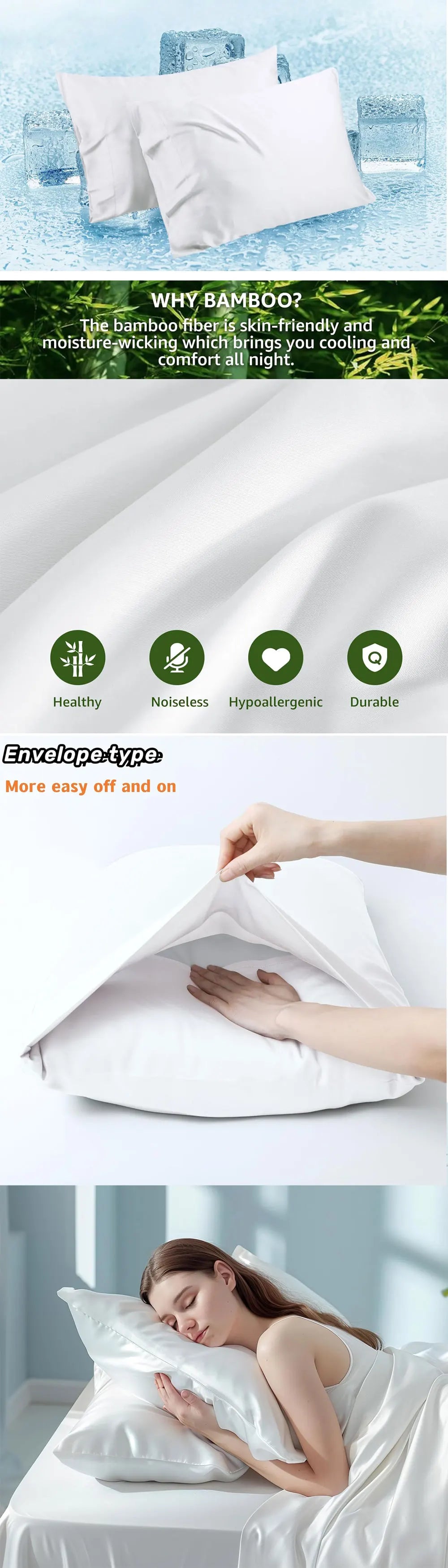 2pcs Bamboo Pillowcase for Hot Sleepers & Night Sweats Softness Cooling Pillow Cover with Envelope Closure