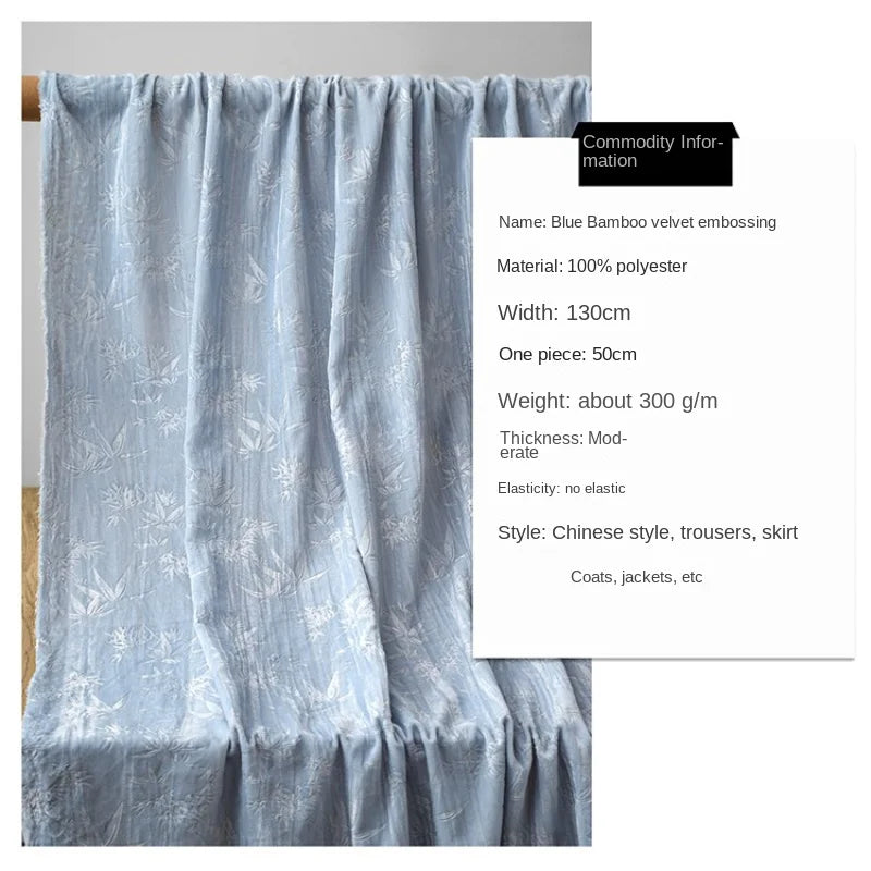 Blue bamboo forest, velvet embossed polyester jacquard cloth, pleated relief Chinese style cheongsam clothing designer fabric