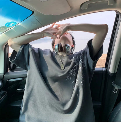 Men's Oversized Bamboo T-shirt Loose Printed Tops Cotton Tshirts Breathable Casual Short Sleeve Tees Streetwear Men Clothing