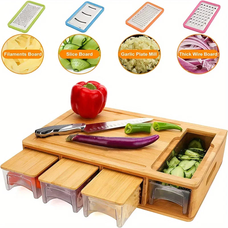 Kitchen Chopping Bamboo Cutting Board Set with Container & Vegetable Grater Drawer Style Multifunctional Household Kitchen Tools