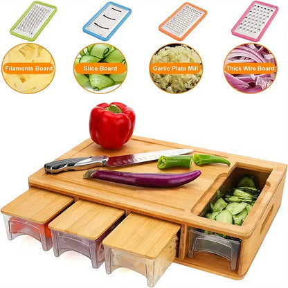 Kitchen Chopping Bamboo Cutting Board Set with Container & Vegetable Grater Drawer Style Multifunctional Household Kitchen Tools