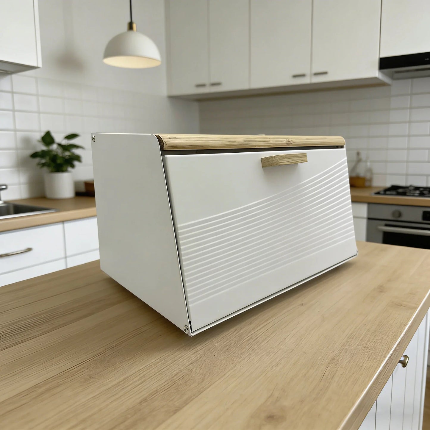 Bamboo lid, metal body, double door trapezoidal kitchen bread box, kitchen storage box (black, white)