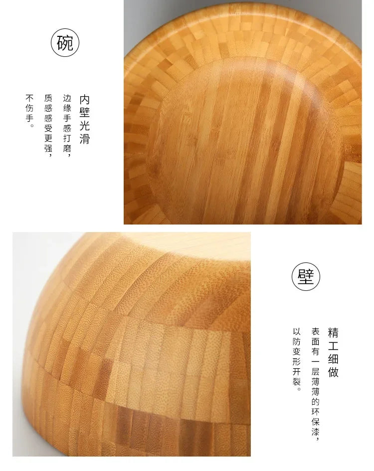 Bamboo Salad Bowl and Noodle Mixing Bowl Large Bamboo Wooden Tableware Thickened Natural Material No Paint No Wax