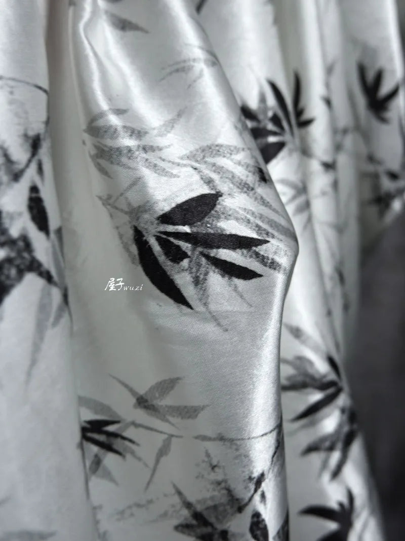 Bamboo Leaf Acetate Silk Printed Fabric New Chinese Fashion High Quality Vertical Womens Dresses Hanfu Pants DIY Design Cloth