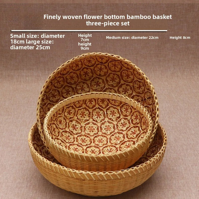 Kitchen Home Use Round Hand Woven Bamboo Storage Basket Rustic Foldable Basket for Fruit Snack Vegetable & Dirty Clothes Frame