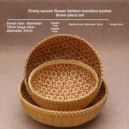 Kitchen Home Use Round Hand Woven Bamboo Storage Basket Rustic Foldable Basket for Fruit Snack Vegetable & Dirty Clothes Frame