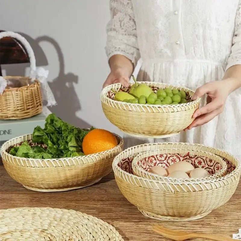 Kitchen Home Use Round Hand Woven Bamboo Storage Basket Rustic Foldable Basket for Fruit Snack Vegetable & Dirty Clothes Frame