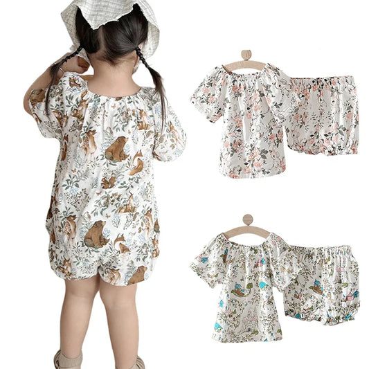 Summer Bamboo Cotton Breathable Kids Girls 2pcs Suit Full Print Cartoon Print T-shirt and Shorts Cool Girls Sets Clothing