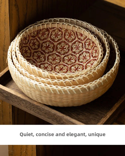 Kitchen Home Use Round Hand Woven Bamboo Storage Basket Rustic Foldable Basket for Fruit Snack Vegetable & Dirty Clothes Frame