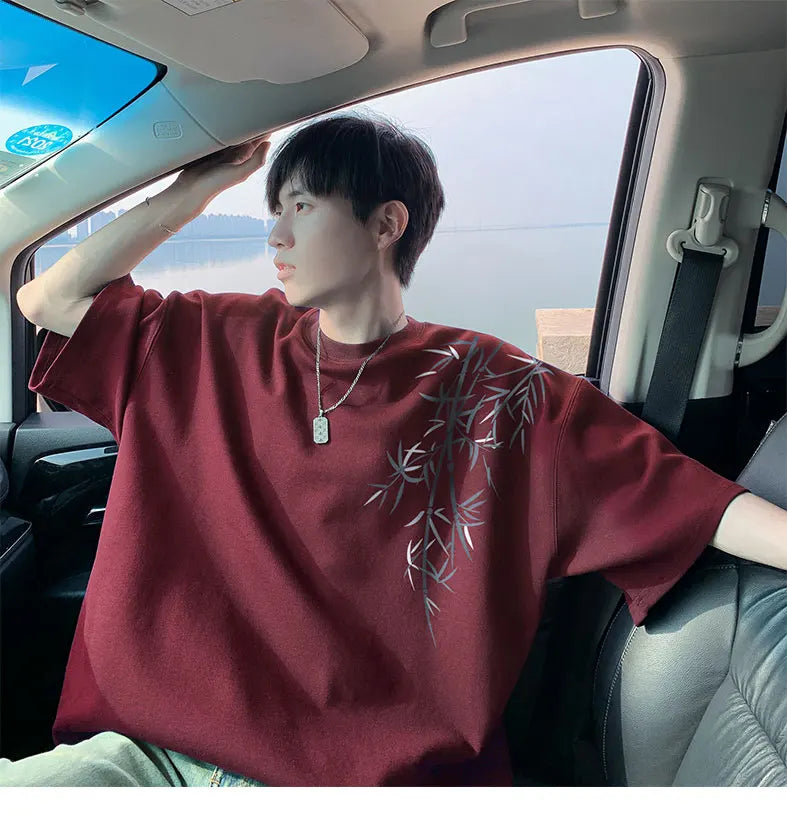 Men's Oversized Bamboo T-shirt Loose Printed Tops Cotton Tshirts Breathable Casual Short Sleeve Tees Streetwear Men Clothing