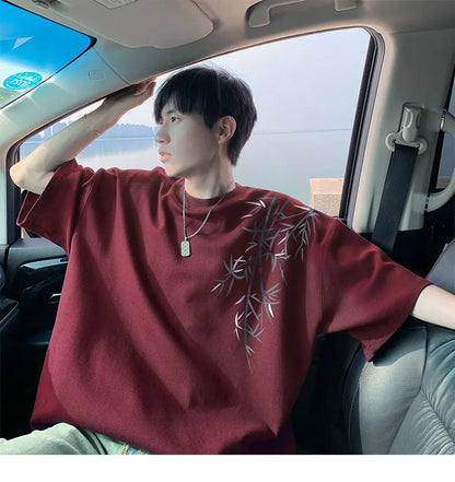 Men's Oversized Bamboo T-shirt Loose Printed Tops Cotton Tshirts Breathable Casual Short Sleeve Tees Streetwear Men Clothing