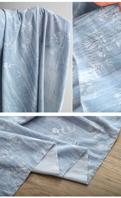 Blue bamboo forest, velvet embossed polyester jacquard cloth, pleated relief Chinese style cheongsam clothing designer fabric