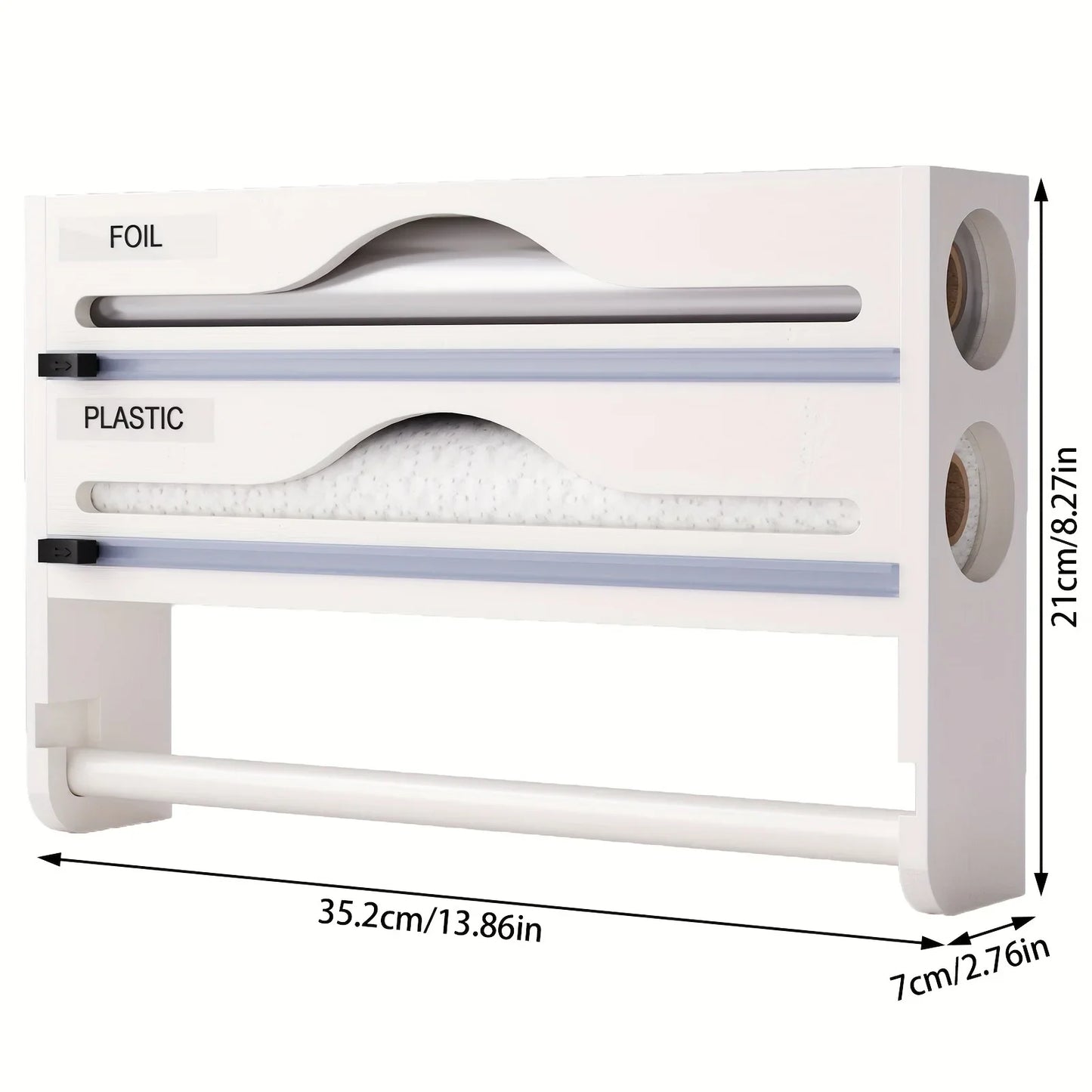 Bamboo 4-in-1 Wall Mount Foil & Plastic Wrap Organizer with Cutter - Kitchen Storage Solution for Wax Paper.