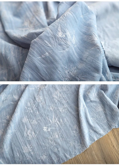 Blue bamboo forest, velvet embossed polyester jacquard cloth, pleated relief Chinese style cheongsam clothing designer fabric