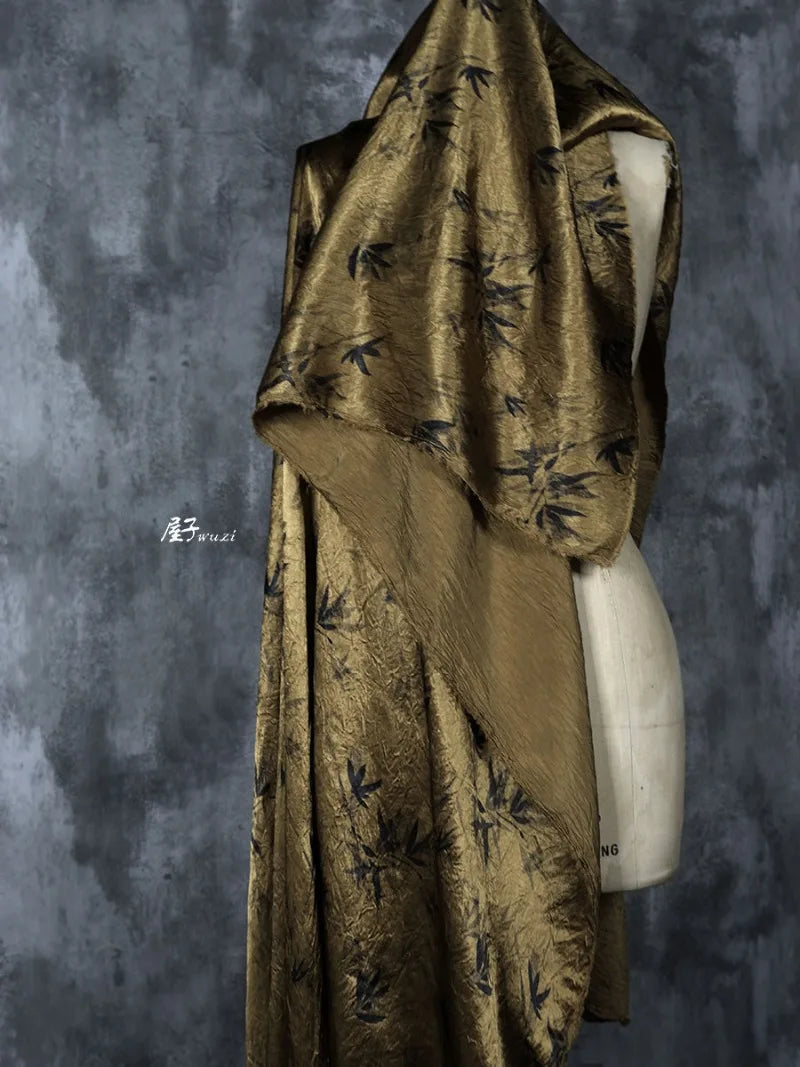 Bamboo Leaf Acetate Silk Printed Fabric New Chinese Fashion High Quality Vertical Womens Dresses Hanfu Pants DIY Design Cloth