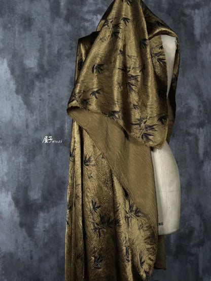 Bamboo Leaf Acetate Silk Printed Fabric New Chinese Fashion High Quality Vertical Womens Dresses Hanfu Pants DIY Design Cloth